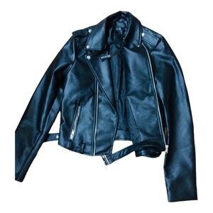 Black Faux leather belted motorcycle biker moto jacket size small brand new‎